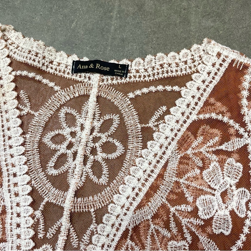 Ana & Rose Floral Copper Sheer Lace Open Front Kimono Duster Cardigan Boho - Picture 6 of 11